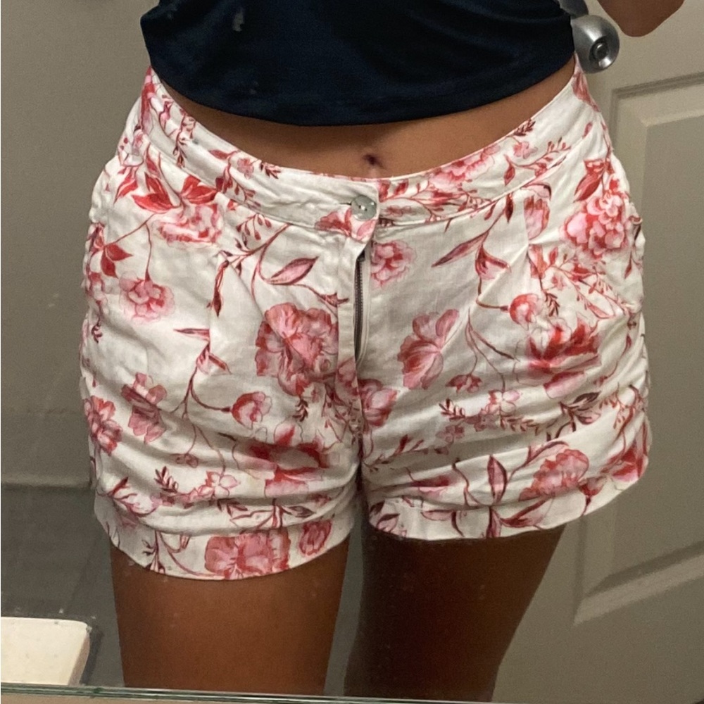 Cynthia Rowley Red and White Floral Linen Shorts